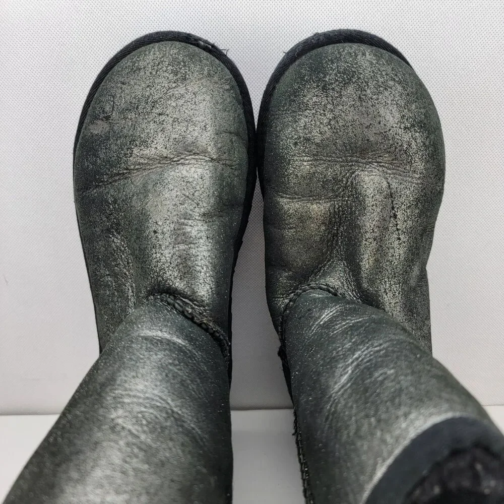 UGG Big Girls Size 6 Black Silver Sparkle Classic Glitter Boots Shoes 1000792
